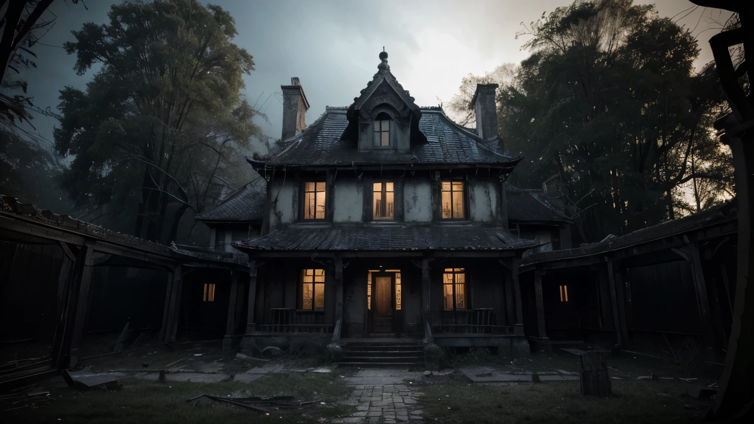 (best quality,4k,8k,highres,masterpiece:1.2),ultra-detailed,(realistic,photorealistic,photo-realistic:1.37),
eerie haunted house,
spooky, dark trees,
creature with red eyes on the rooftop,
vivid colors,
haunting atmosphere,
foreboding ambiance,
sinister shadows, 
mysterious aura, 
moonlit night,
strobing lights,
gloomy weather,
creepy architecture,
creaky wooden doors,
broken windows,
overgrown vines,
dilapidated walls,
long-abandoned structure,
desolate surroundings,
unsettling silence,
uneasy stillness,
gothic design,
ominous presence,
intense shadows,
whispering winds,
haunting melodies,
hazy moonlight,
bleak landscape,
eerie fog,
chilly sensation,
spine-chilling experience,
hauntingly beautiful.

注意：这是一份详细的prompt，是为了更好地描述所需图像的细节。你可以根据需要进行修改和调整，但确保所有的元素都在prompt中。