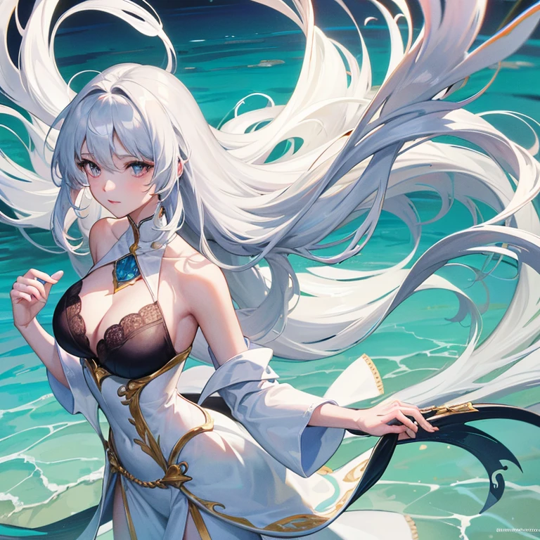 quality,masterpiece,illustration,very fine and beautiful work,highly detailed artwork,CG,Solidarity,8k,stunning artwork,fine detail,best work,best quality,official artwork,highly detailed CGunity8k wallpapers, 1 girl, 独奏,_White hair, liquid hair, Long hair, standing, no clothes , Mare, Eau, standing, Self-raised, There is a curve on the chest, very big round full breasts, selay nipple shot, blue sky, waves