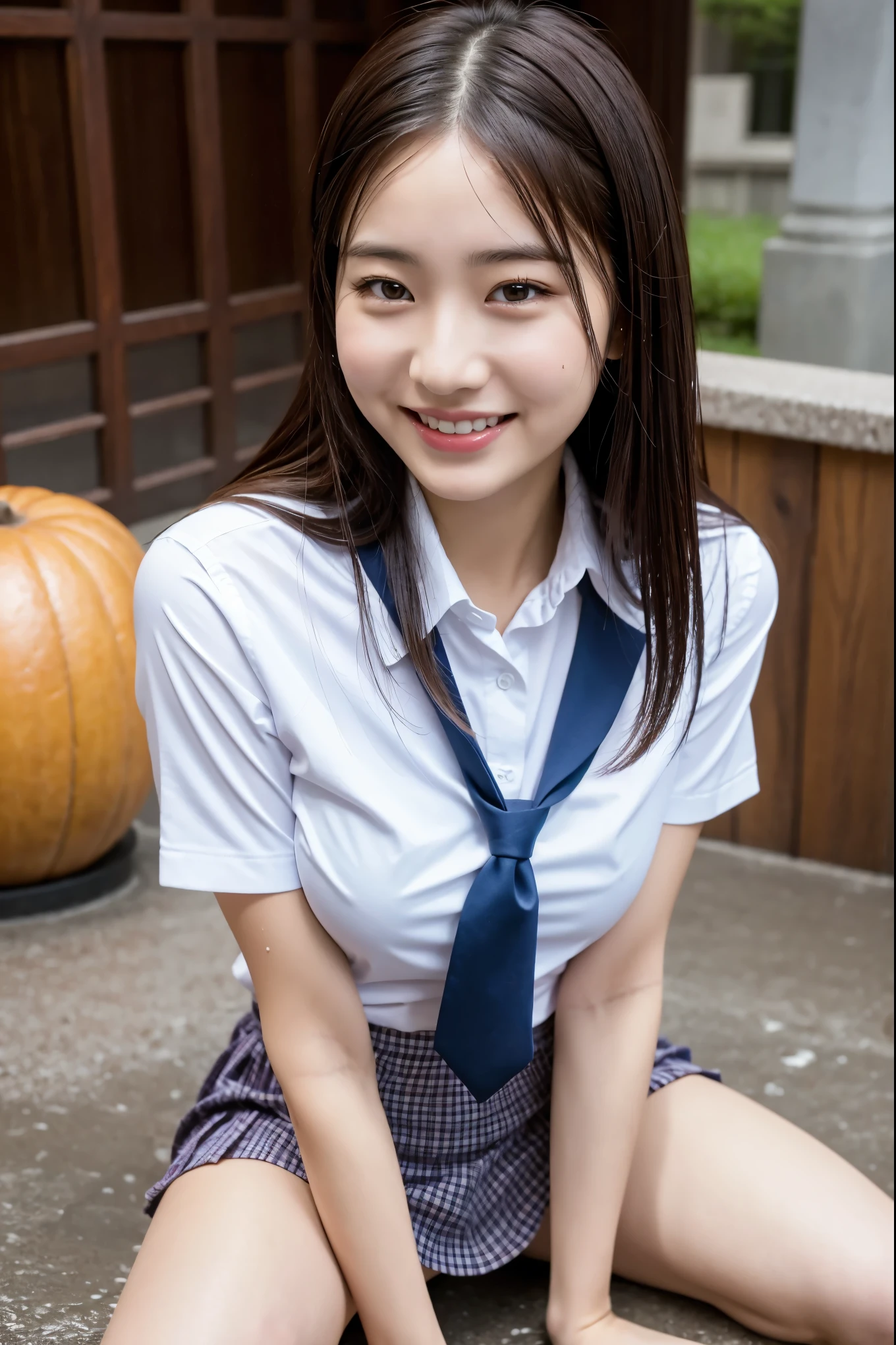 (8K), (highest quality: 1.2), (realistic), (realistic: 1.37), ultra high resolution, 1 girl, cute, smile, closed mouth, beautiful details, beautiful nose, whole body, wet hair, giant dulcefo, pork meat, school uniform, thighs