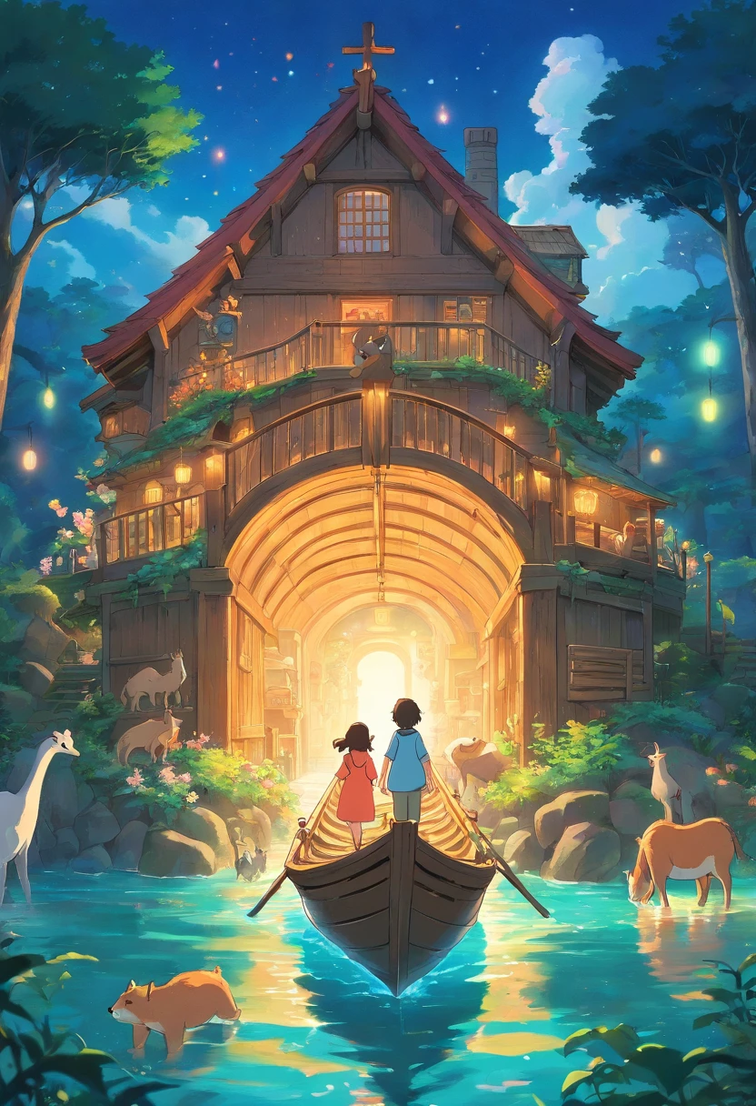 Noah’s Ark with animals in pairs in a charming and whimsical style, with a hopeful mood and colorful lighting