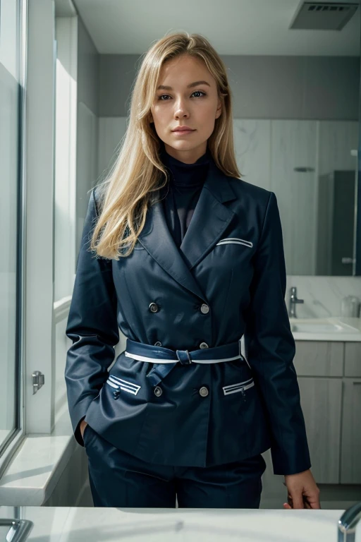 a blonde woman wearing a gray suit poses for a picture, in the style of josh adamski, dark blue and white, rangercore, bentwood, polished surfaces, john higgins, photo taken with provia