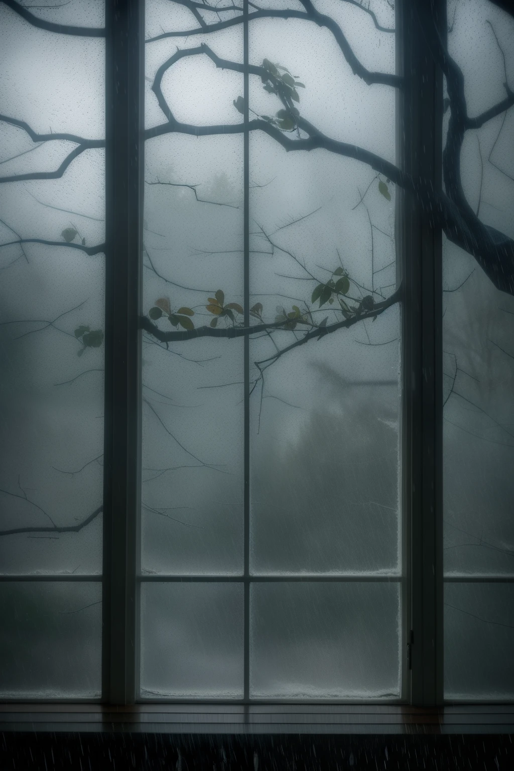 A captivating scene unfolds through a window on a dark and stormy night, where tree branches twist and turn in the relentless force of the wind, while raindrops relentlessly pelt against the fragile glass barrier. The atmospheric ambiance of this photograph, with its brooding intensity, transports the viewer into the heart of a tempestuous moment. The high resolution image, in an aspect ratio of 9:16, captures every intricate detail of the swaying branches and the raindrops cascading down the windowpane. This cinematic composition, with its moody undertones, evokes a sense of mystery and intrigue.