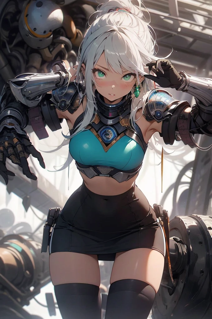 be realistic,(masterpiece,highest quality,highest quality,very detailed,fractal art,most detailed,(abstract background:1.5)(1 girl),Kamimei,(hair length),(green eyes shine、Breasts get bigger,stunned),squat、squat down and open both knees、Panty shot、spread legs、crystallization,sexy、machine armor、tanned skin、(black pencil skirt)