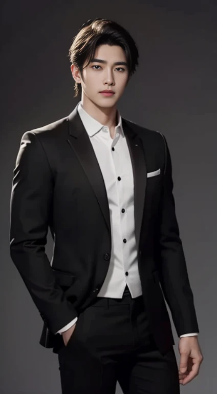 ((high quality)), ((masterpiece)), 8k, a man，26 years old，Handsome，Deep and charming face，Perfect body，golden ratio，Wearing black suit shirt，The neckline is open，black pants，wear a watch，Lean on the front of the sports car，Handsome，cold，noble，Big handsome guy