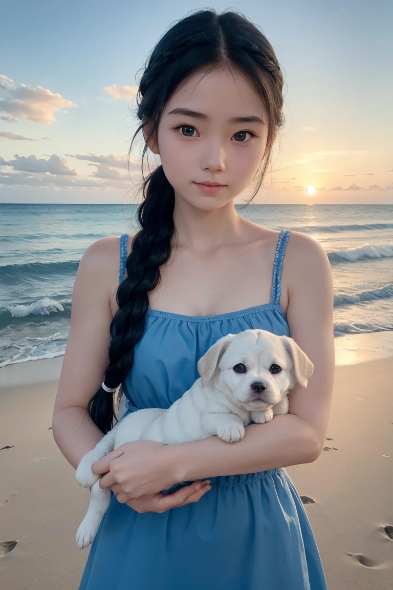 Round face, white skin, braided hair, carrying a puppy on the beach of the blue sea and the blue sea.With a round face, white skin, and braided hair, she is belong to wight body. she was holding a puppy on the beach in the blue sea. She was wearing a black dress. Lovely and cute posing on the beautiful beach.Time are sunset