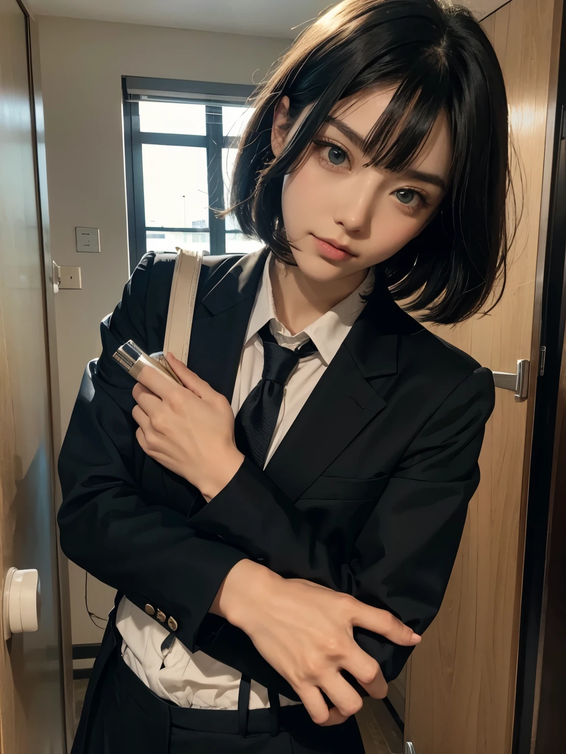 Green eyes, monolid eyes, Short hair, Black hair, Fringe curly haircut, using black suit school uniform for a senior boy, in the school, normal face, bright color.