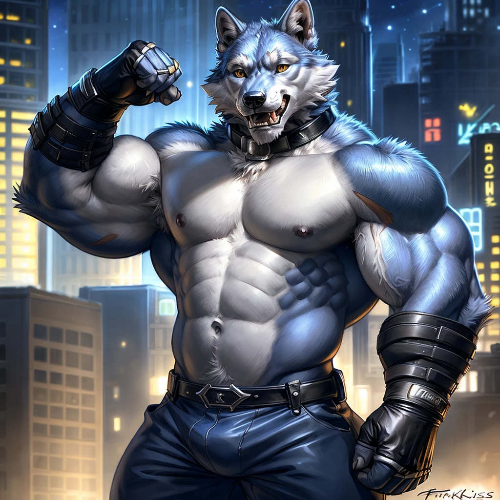 freddy, wolf, anthro body, wolf, (very muscular, heavyweight, biceps, abs, lats, sixpack, strong chest:1.2), male, masculine, 4k, high resolution, correct anatomy, (city background), (night:1.2), half body, (by taran fiddler, by rukis:1.0), correct lighting, correct shadows, detailed, detailed fur, detailed eyes, realistic shading, bare torso, (jeans:0.7), leather fingerless gloves, black collar, flexing arm, flexing bicep, armpit, speaking mouth, looking at camera,