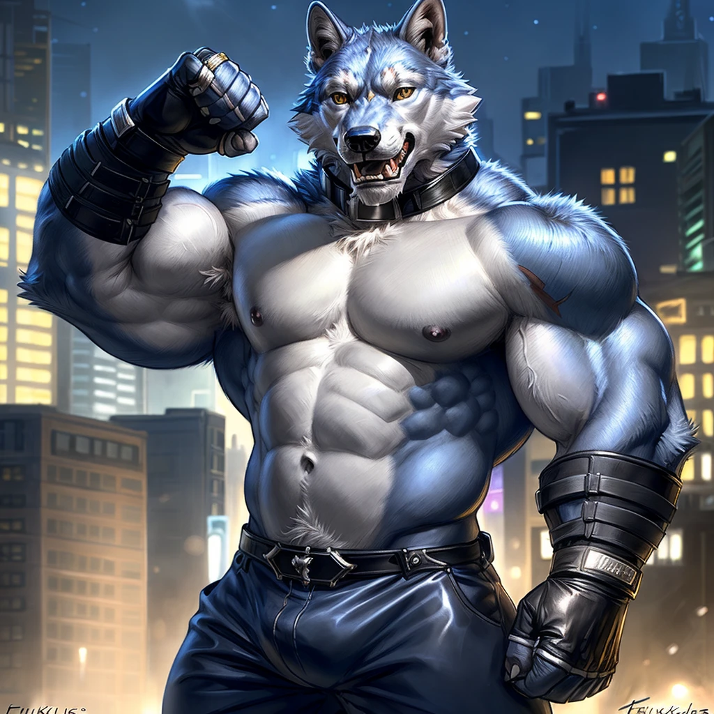 freddy, wolf, anthro body, wolf, (very muscular, heavyweight, biceps, abs, lats, sixpack, strong chest:1.2), male, masculine, 4k, high resolution, correct anatomy, (city background), (night:1.2), half body, (by taran fiddler, by rukis:1.0), correct lighting, correct shadows, detailed, detailed fur, detailed eyes, realistic shading, bare torso, (jeans:0.7), leather fingerless gloves, black collar, flexing arm, flexing bicep, armpit, speaking mouth, looking at camera,
