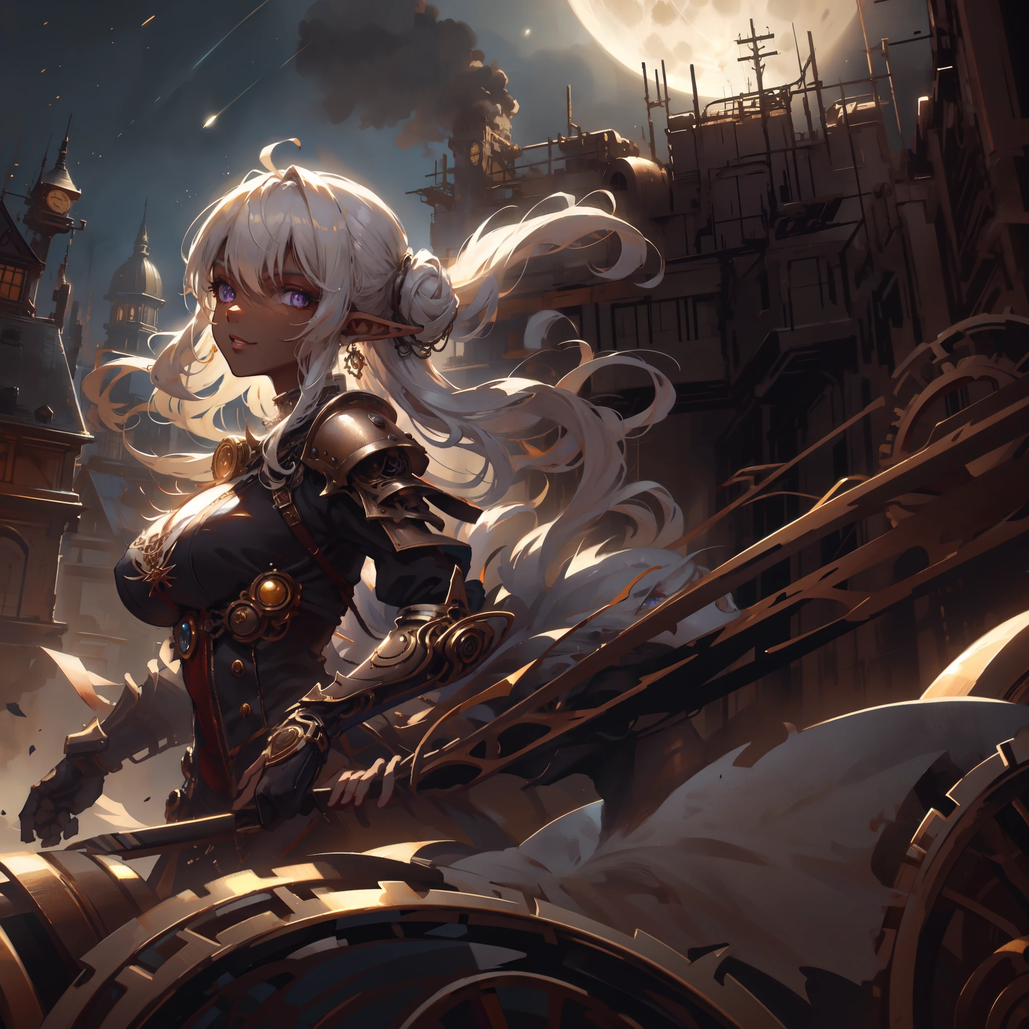 ((masterpiece )), (top quality), (best quality), ((ultra-detailed, 8k quality)), Aesthetics, Cinematic lighting, (detailed line art), Beautiful digital artwork, Exquisite digital illustration, absurdres,
BREAK, potrait of Dark elf girl, looking at viewer, steampunk suggestive clothes, steampunk_costume, Maven, Average Height, Toned, Wavy Updo, Threader earrings, gauntlet with claw, golden,dark atmosphere, ((full moon sky)), (dark night Background), (steampunk metropolis), dynamic pose, Dynamic angle, cinematic dramatic atmosphere, illustration in steampunk style by Yoji Shinkawa, SteamPunkAI, CogPunkAI, BREAK,
highly detailed of (dark elf), (1girl), perfect face, details eye, Brunette Hair, Long Hair, Straight Hair, Blunt bangs, (hair between eye), blonde white hair, (violet eyes), eyelashes, eyeshadow, pink eyeshadow, glaring, smile, design art by Mikimoto Haruhiko, by Kawacy, By Yoshitaka Amano,
BREAK,
((perfect anatomy)), nice body, medium breast, (extremely detailed finger), best hands, perfect face, beautiful face, beautiful eyes, perfect eyes, perfect fingers, correct anatomy, ((dark skin)),