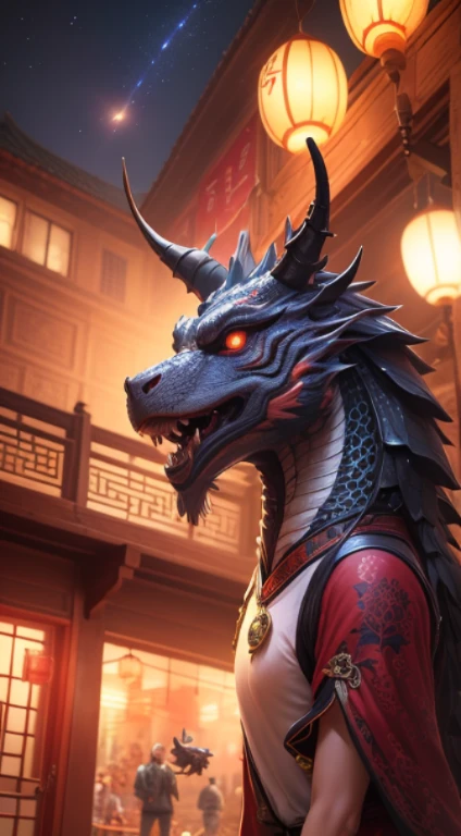 Chinese style elements，Oriental dragon image, Blessed by the Dragon，The dragon is praying，Soar into the sky, There are colorful lights everywhere, They were delighted, (high contrast), (The era of fantasy world), People are shopping happily, New Year atmosphere, (Ray tracing, global illumination), (masterpiece:1.4), (energetic:1.2), Normal, complex，Rich in details, (Super detailed CG unified 8k wallpaper)