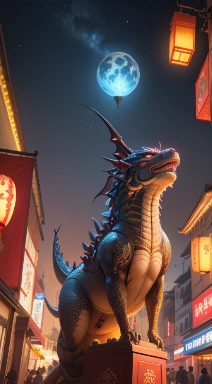 Chinese style elements,Oriental dragon image, Blessed by the Dragon,The dragon is praying,Soar into the sky, There are colorful lights everywhere, They were delighted, (high contrast), (The era of fantasy world), People are shopping happily, New Year atmosphere, (Ray tracing, global illumination), (masterpiece:1.4), (energetic:1.2), Normal, complex,Rich in details, (Super detailed CG unified 8k wallpaper)