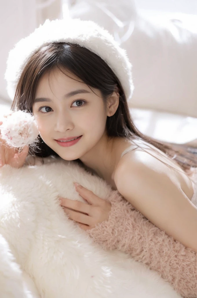 (on the table, best quality, realistically, Super detailed, meticulous, high resolution, 8k wallpaper), Close-up portrait of a beautiful woman, Chariada, smiling, light brown messy hair, Perfect dynamic composition, 美丽meticulous的眼睛, Just like the cover of a fashion magazine, on campus