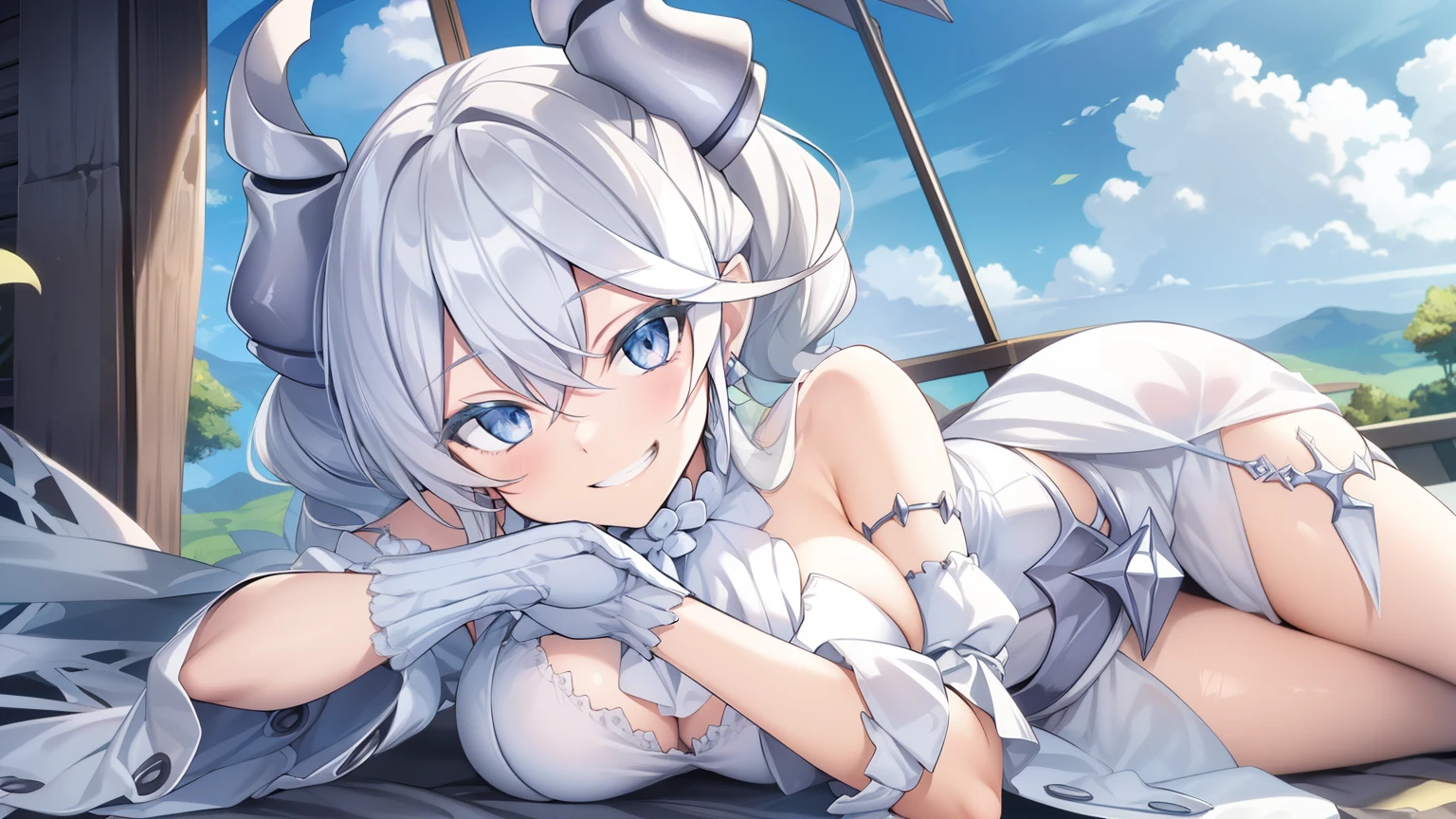 (muste piece, best quality, High resolution, ticker, perfect pixel, Depth of bounds written, In 4K), 
beautiful anime girl, 
Looking at Viewer, 
perfect body,  

white hair, horn, 
white dress, 
grin, 

lying, full body, 