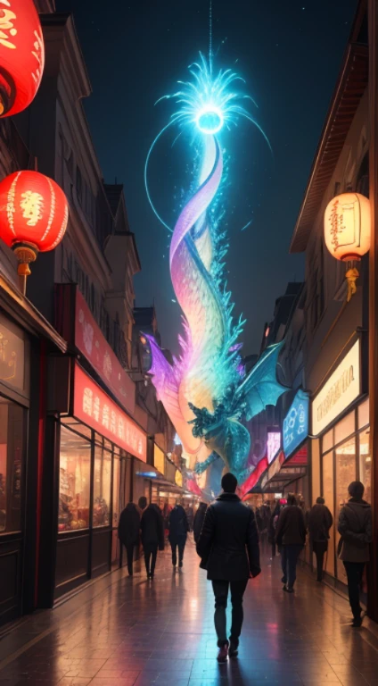A majestic Oriental dragon, shining brightly in the sky, is blessing the world with its presence. The dragon, filled with joy and happiness, is seen soaring through the heavens, its scales glistening with vibrant colors. The atmosphere is filled with the festive spirit of the Chinese New Year, as people bustlingly engage in lively shopping activities. The scene is bathed in high contrast lighting, creating a dramatic and enchanting ambiance. It feels like stepping into a fantastical world, where every detail is meticulously crafted to perfection. The artwork itself is a masterpiece, meticulously created with a resolution of 8k, showcasing ultra-fine details that transport you into a cinematic experience. The entire scenery is imbued with a sense of energy and vibrancy, emanating from the intricate and elaborate designs that adorn the surroundings. The lighting is meticulously simulated using ray tracing and global illumination techniques, enhancing the overall visual quality. Step into this mesmerizing world, where Chinese cultural elements blend harmoniously with fantasy, creating a captivating and immersive experience.
