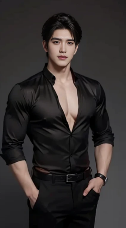 ((high quality)), ((masterpiece)), 8k, a man，26 years old，Handsome，Deep and charming face，Perfect body，golden ratio，Wearing a black shirt，The neckline is open，black pants，wear a watch，Lean on the front of the sports car，Handsome，cold，noble，Big handsome guy