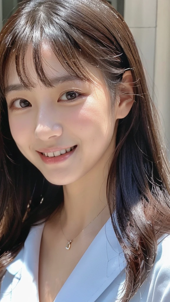 Ultra-realistic capture, Highly detailed, High resolution 16k close-up of human skin. Skin texture must be natural, With such detail that pores can be finely identified. Skin should look healthy, In a uniform tone. Use natural light and color,女子高生の制服,18歳の女子高生,きめ細かい白い肌,おっぱいシャープフォーカス,(夏のセーラー服,ネイビーブルーのミニプリーツスカートネイビーブルーのハイソックス,ローファー),seductive smile,