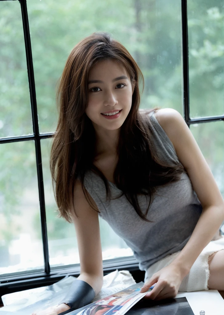 (on the table, best quality, realistically, Super detailed, meticulous, high resolution, 8k wallpaper), Close-up portrait of a beautiful woman, Chariada, smiling, light brown messy hair, Perfect dynamic composition, 美丽meticulous的眼睛, Just like the cover of a fashion magazine, on campus