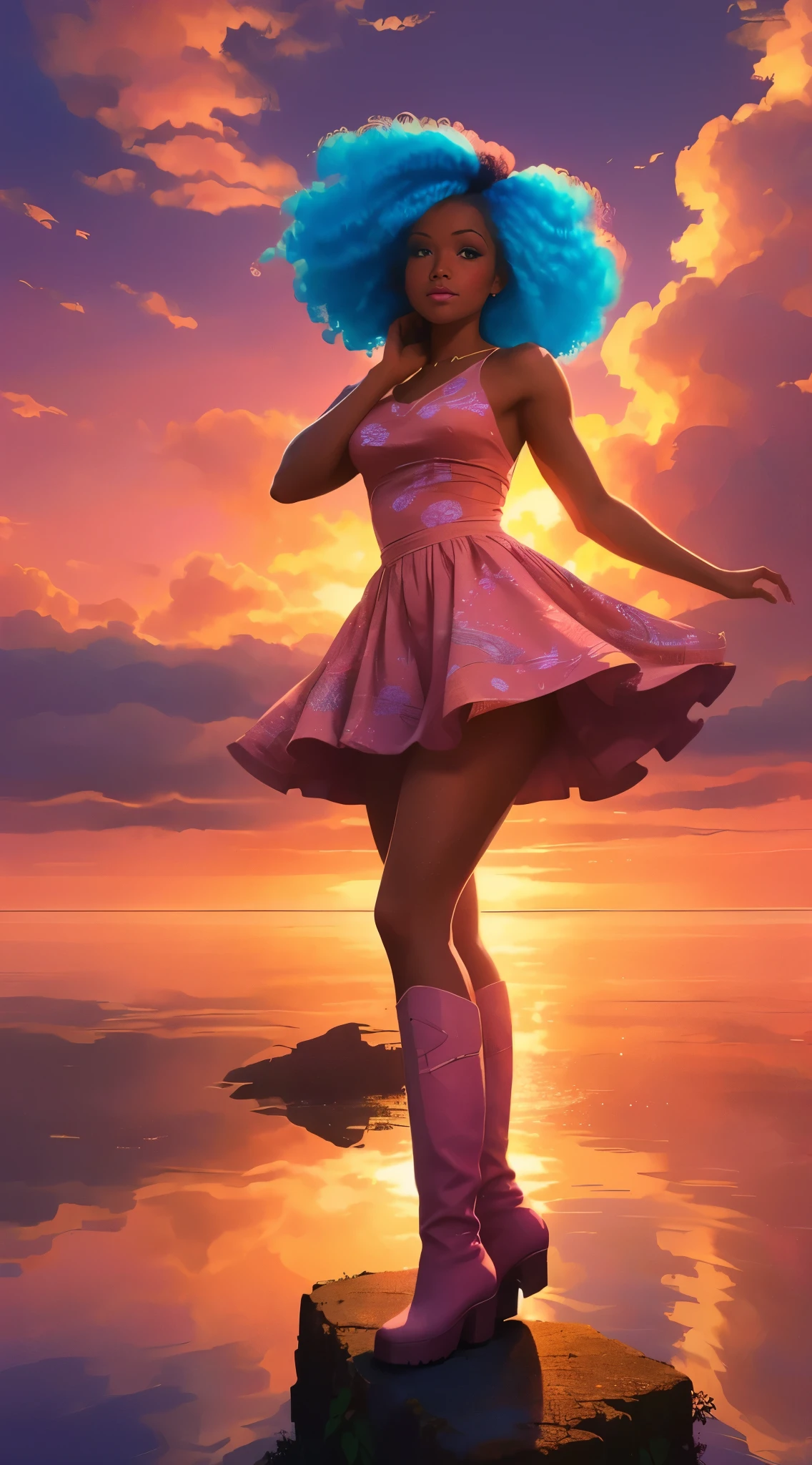 (best quality:1.1),original,1girl,chic,trendy,afro,dark skin,makeup,1970's, blue hair, brown eyes An illustration of african american woman with natural hair, in the style of ross tran, a pink dress with a cute cloud print and cute pink boots, a gorgeous woman with extremely long hair in a ponytail with bangs, sitting on a soft pink cloud looking at a distant magical city far beneath her, at sunset --ar 2:3 --v 6.0 pink and orange, jessica drossin, bold block prints, michael malm, bold yet graceful, bold traditional