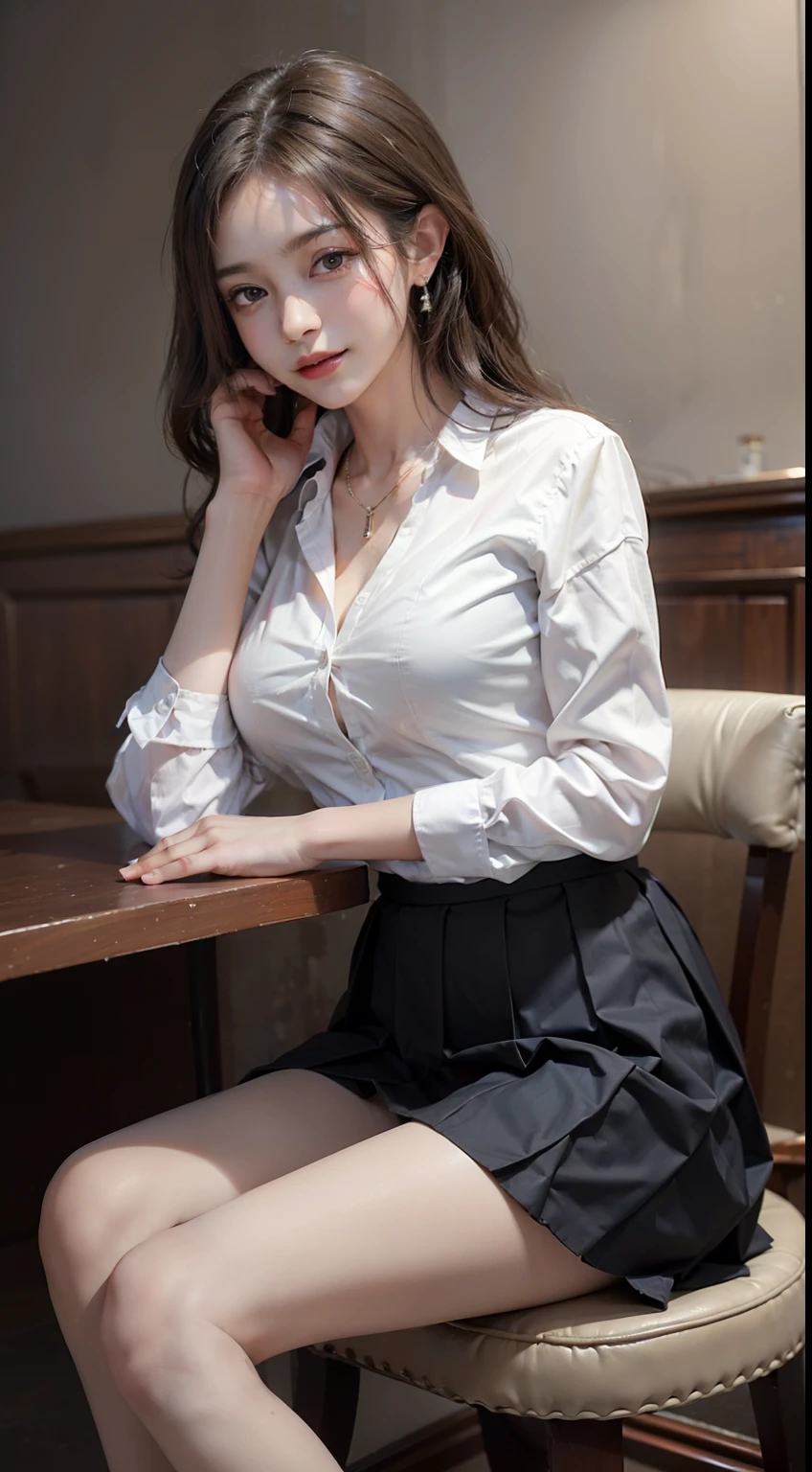 ((Knee Shooting)), ((from below)),A young girl, in the bar, sit on the chair, , Pose gracefully, ((white shirt, black pleated skirt)), Detailed scene, messy long hair, brown hair, Light makeup, blush blush, The legs are so thin, (Extremely high color saturation), detailed details, Super detailed, (masterpiece, best quality), (Extremely exquisite and beautiful work), exquisite earrings, exquisite necklace, simple blurr background, extremely detailed description, Ultra-fine painting, delicate face, slim body, big breasts,thin waist, (Grinning), (anatomically correct)
