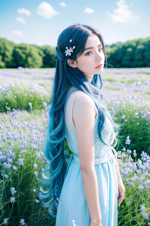 (disorganized, High resolution, Super detailed, UHD, cinematic), alone, 1 girl, mature, Happy, girl standing in Light blue flower field, Light blue flower petal surrounding girl, whole body, blue long hair girl, Light blue hair, fantasy, dream-like, lots of snow, official art, pop art, profile, Super detailed face, Super detailed eyes, Light blue flower field, Super detailed field, white blue sky, cold, Light blue, white, nebula in the sky, blue tree, watercolor, pastel colour