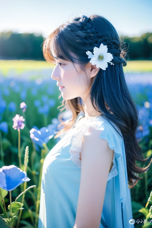 (disorganized, High resolution, Super detailed, UHD, cinematic), alone, 1 girl, mature, Happy, girl standing in Light blue flower field, Light blue flower petal surrounding girl, whole body, blue long hair girl, Light blue hair, fantasy, dream-like, lots of snow, official art, pop art, profile, Super detailed face, Super detailed eyes, Light blue flower field, Super detailed field, white blue sky, cold, Light blue, white, nebula in the sky, blue tree, watercolor, pastel colour