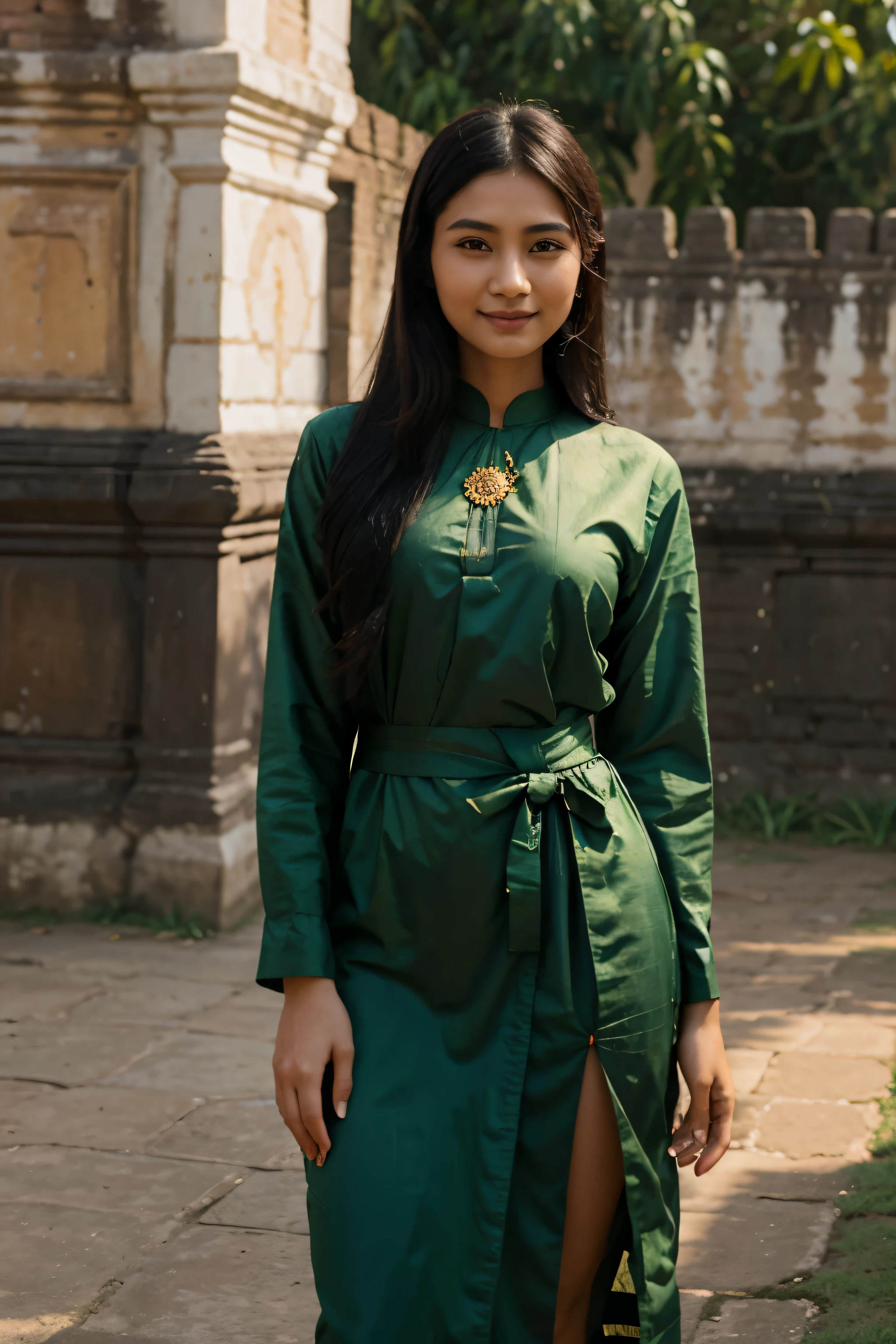 A beautiful 27-year-old girl; Standing in front of the moat wall of Mandalay, Burma, wearing traditional Burmese dress. He had a square face, long black hair that reached past his waist, and a shy smile. Realistic 3D image; Good image.