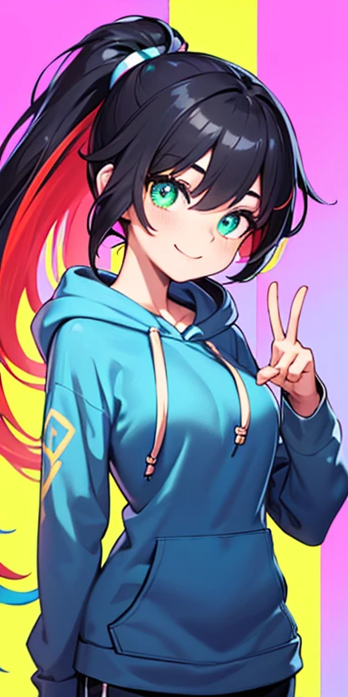 (black hair,colorful fluorescence multicolored  hair:1.5,ponytail:1.5), (masterpiece, sidelights, exquisite beautiful eyes: 1.5), masterpiece*portrait, realistic, ((Colorful background of different colors:1.5)),(Gentle face:1.5),colorful,3D face,(cute face),front view: 1.6、(Inward double V sign:1.5)、 (glowing green eyes:1.2),(tareme:1.5)、(cute smile:1.5),,Slim Body, shiny hair, shiny skin: 1.5、medium breasts,、solo,(stand)、(hoodie:1.5)、(charactor focus:1.5、portlate、eye focus,cowboy shot)、bright atmosphere,intricatedetails