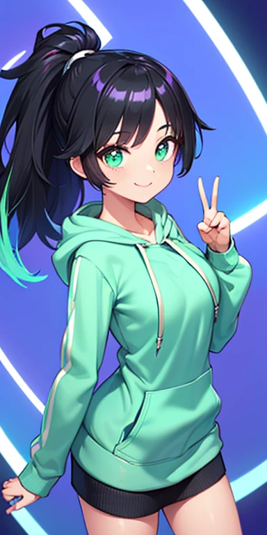 (black hair,colorful fluorescence multicolored hair:1.5,ponytail:1.5), (masterpiece, sidelights, exquisite beautiful eyes: 1.5), masterpiece*portrait, realistic, ((Colorful background of different colors:1.5)),(Gentle face:1.5),colorful,3D face,(cute face),front view: 1.6、(Inward V sign:1.5)、 (glowing green eyes:1.2),(tareme:1.5)、(cute smile:1.5),,Slim Body, shiny hair, shiny skin: 1.5、medium breasts,、solo,(stand)、(hoodie:1.5)、(charactor focus:1.5、portlate、eye focus,cowboy shot)、bright atmosphere,intricatedetails