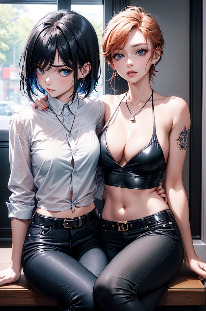 (masterpiece), highest quality, Girl sitting by the window, Emotional, emo girl,Sad girl, redhead,cute, quick wit, close,short hair, blue eyes, black clothes, sensual, (shining eyes), aesthetics,style, stylish, earrings, cheerfulness,Naughty, Naughty, smug, Excellent, Ear Nipple Ring, the wallpaper, 4K, wall, nice, bad, cropped shirt, defined abdomen, sexy, belt, Black pantsuit, comfortable,
Break she uses a sleeveless shirt, She wears a cropped white shirt, She wears a necklace, she has a tattoo on her arm, she has tattoos on her abdomen, she was wearing black pants