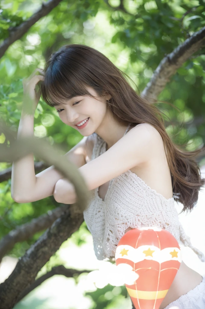 (on the table, best quality, realistically, Super detailed, meticulous, high resolution, 8k wallpaper), Close-up portrait of a beautiful woman, Chariada, smiling, light brown messy hair, Perfect dynamic composition, 美丽meticulous的眼睛, Just like the cover of a fashion magazine, on campus