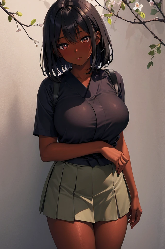 (8k ultra HD quality, best quality, art, high quality, perfect light, absurd, ultra detailed: 1.21, woman, alone, dark-skinned woman, black hair, dark skin, big breasts, sexy, Japanese school costume, portrait, black knee-high socks, sexy student, parted lips, dark eyes, looking at viewer, Japan street background, huge breasts, small sample, sexy, olive skin, dark skin, holding breasts, wallpaper, short skirt, high school girl sexy.