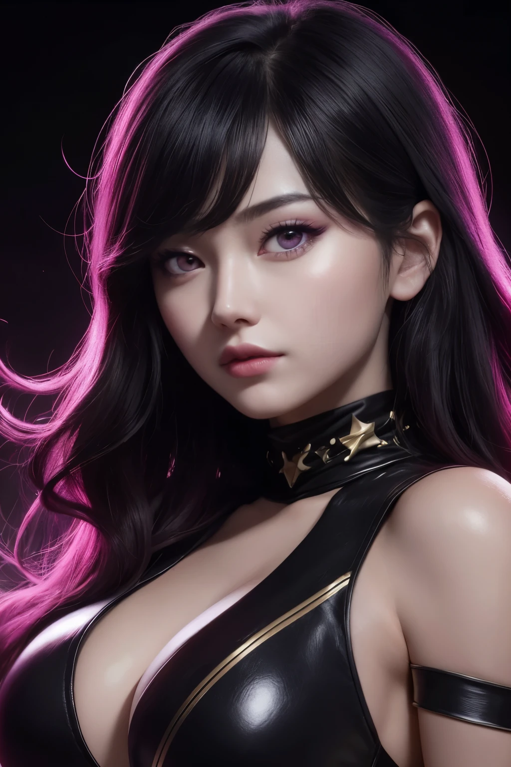 1girl, evelyn, kda, evelyn league of legends, star eye, blush, perfect illumination, black hair, red eyes, unreal engine, sidelighting, detailed face, bangs, bright skin, simple background, dark background, purple light rim