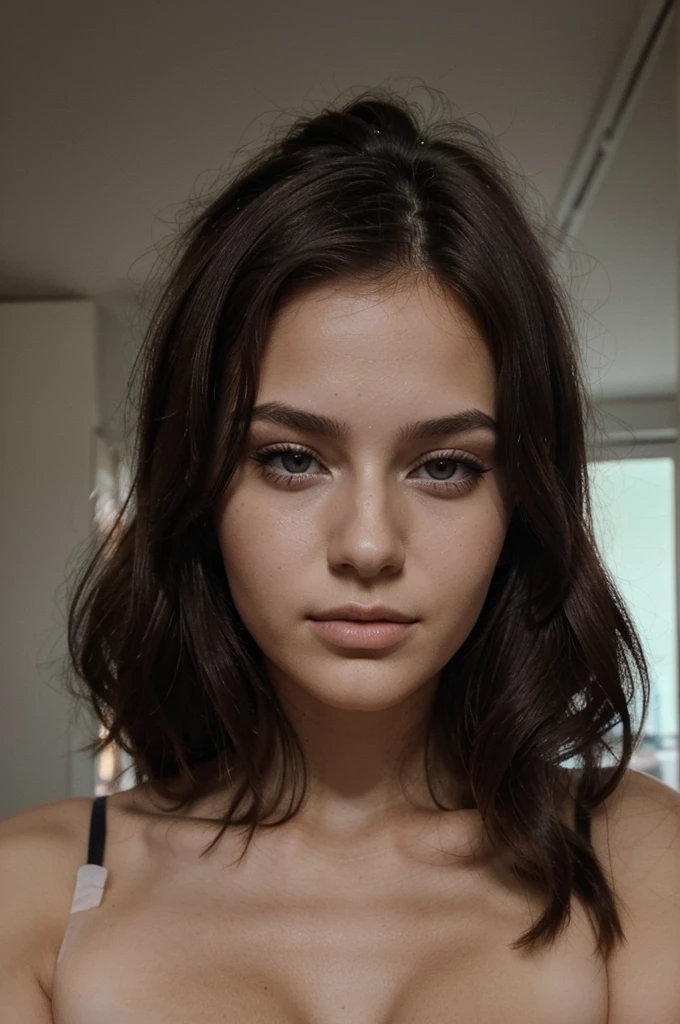 Photo Instagram, femme russe de 21 ans, Cheveux courts, cheveux noirs, portrait de face, visage, clivage, pâle, ombres dures,
