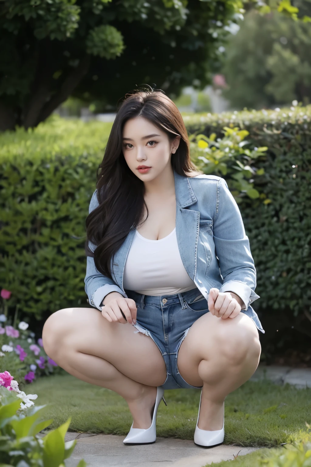 charming silhouette,Blue skinny denim hot pants,white high heels,The legs are long,Jacket top,Fat butt,Leg length,wide and big,The body is a bit fat,pear shaped body,beautiful weather,Squatting sideways in the garden
