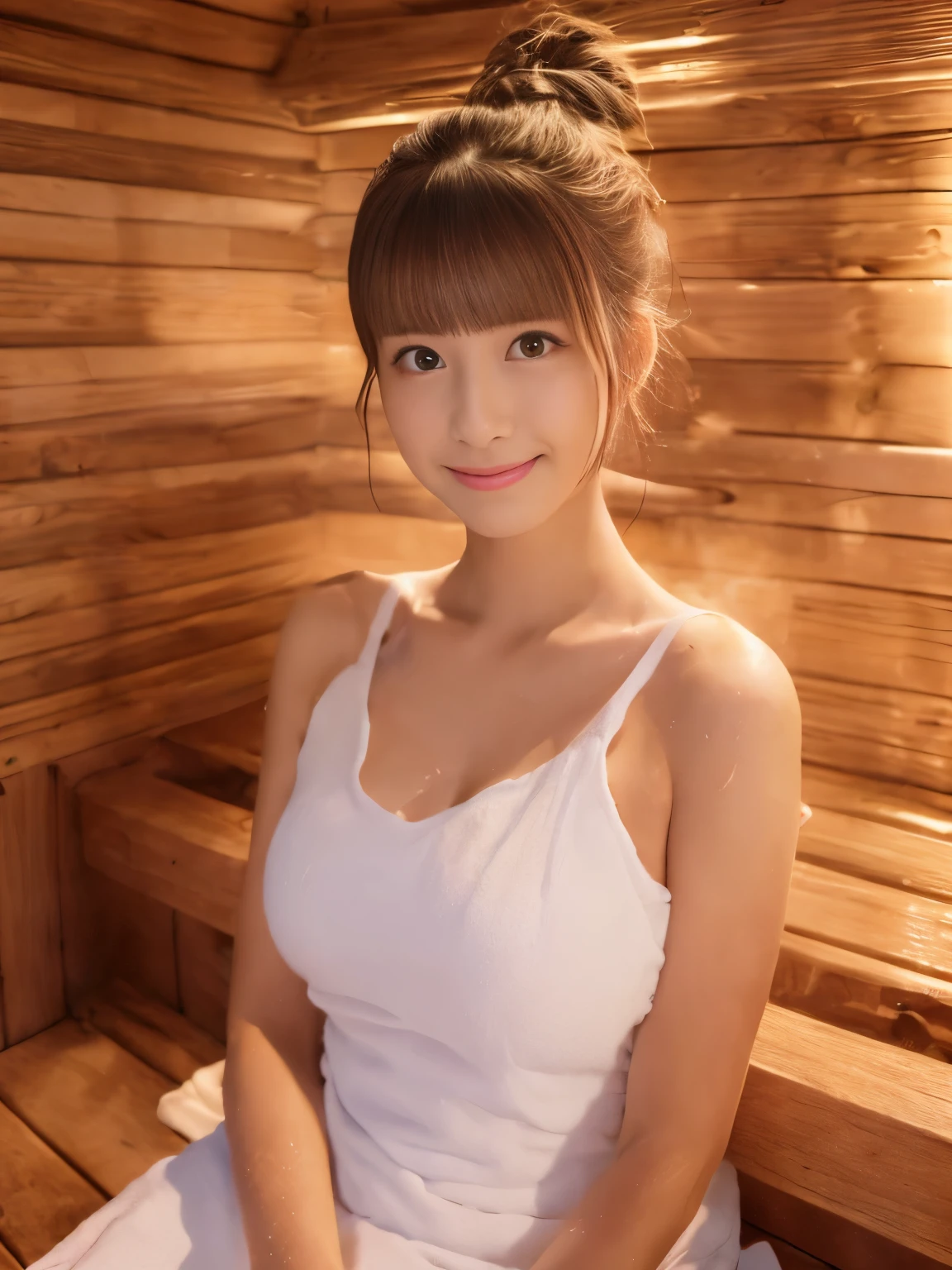 1 girl, alone, (masterpiece, highest quality, 8k wallpaper, realistic, mulberry:1.37), deep focus, viewer, 18-year-old, Pretty Japan woman, slender body shape: 1.1, small breasts, sitting, in the sauna, blush, black hair, profuse sweating, (White Big Size Towel Dress Strapless), Finnish sauna, realistic body, gloss lip, bun hair、smile