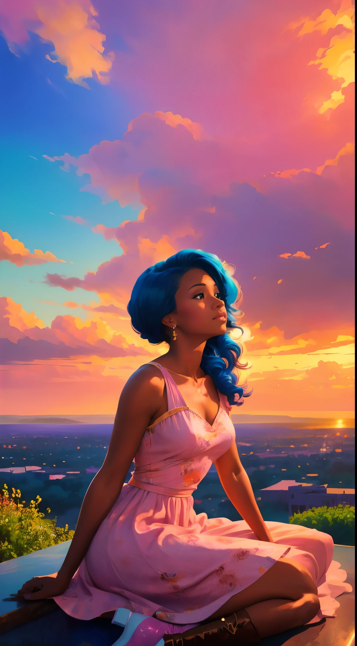 (best quality:1.1),original,1girl,chic,trendy,afro,dark skin,makeup,1970's, blue hair, brown eyes,  A fantasy illustration of african american woman with natural hair on a pink clouds, in the style of ross tran, a pink dress with a cute cloud print and cute pink boots, a gorgeous woman with extremely long hair in a ponytail with bangs, sitting on a soft pink clouds looking at a magical city far beneath her, at sunset --ar 2:3 --v 6.0 pink and orange, jessica drossin, bold block prints, michael malm, bold yet graceful, bold traditional