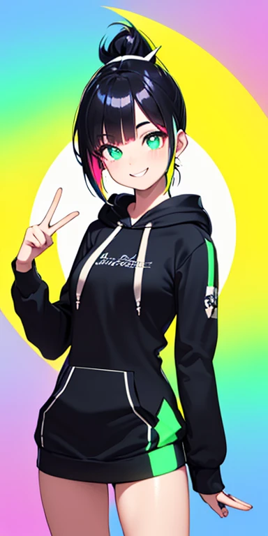 (black hair,colorful fluorescence multicolored  hair:1.5,ponytail:1.5), (masterpiece, sidelights, exquisite beautiful eyes: 1.5), masterpiece*portrait, realistic, ((Colorful background of different colors:1.5)),(Gentle face:1.5),colorful,3D face,(cute face),front view: 1.6、(Inward double V sign:1.5)、 (glowing green eyes:1.2),(tareme:1.5)、(cute smile:1.5),,Slim Body, shiny hair, shiny skin: 1.5、medium breasts,、solo,(stand)、(hoodie:1.5)、(charactor focus:1.5、portlate、eye focus,cowboy shot)、bright atmosphere,intricatedetails