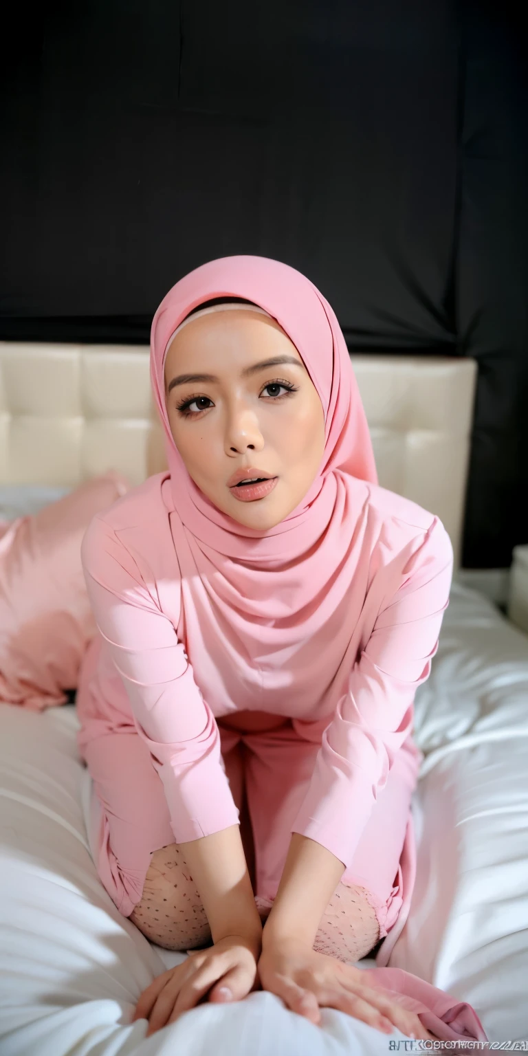 1 matured malay girl in hijab wear sexy wet pinky lace bra and panties kneeling, on the bed, nighttime, full body, close-up, seducing, big sagging breast, cum on face, on the bed, (8k, RAW photo, best quality, masterpiece:1.2),(realistic, photo-realistic:1.37),