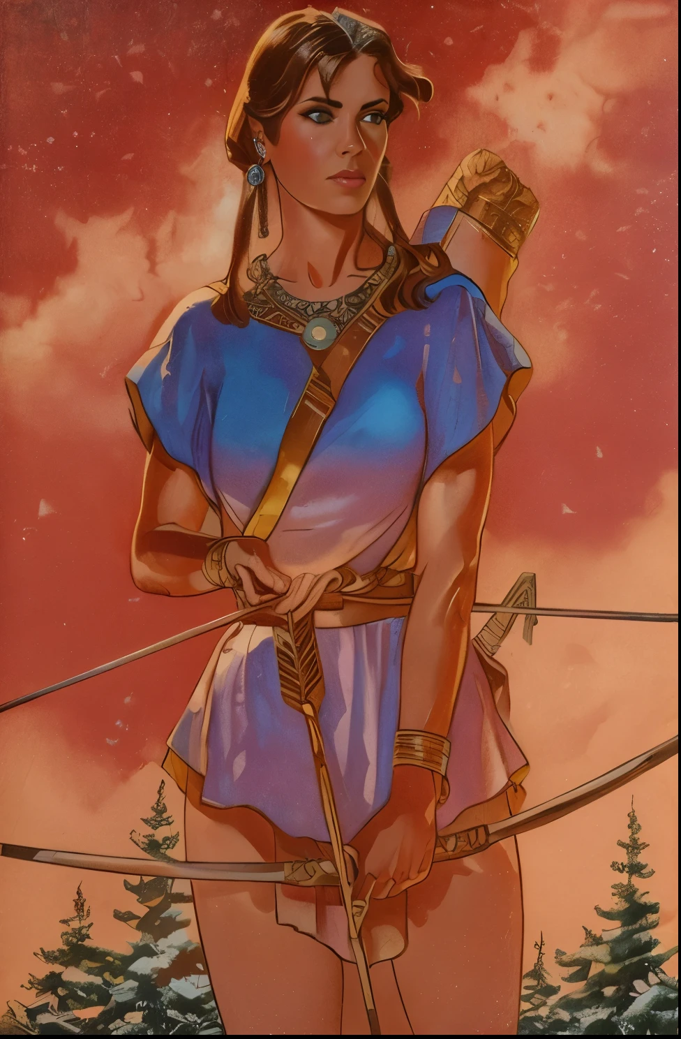 Arte inspirada John Buscema, poster vintage de uma mulher americana dos anos 40,cabelos longos castanhos, olhos azuis, corpo delgado, middlebreasts, wearing a traditional dress of the time, professora do primeiro anol, linda, recatada e inteligente,