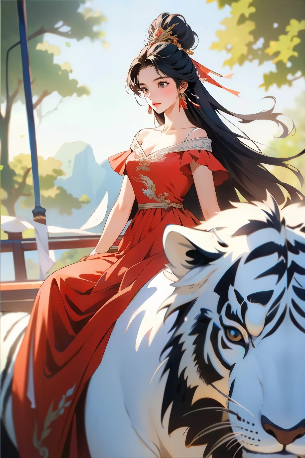(masterpiece), (best quality), 1girl, dudou, Chinese dress, riding a white tiger, off shoulder
