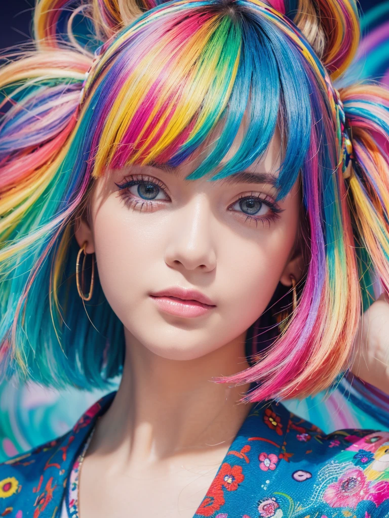 （Pink Fashion T-shirt：1.9），(Colorful hair: 1.8), (all the colours of the rainbow: 1.8),(((((vertical painting：1.6))), （painting：1.6），front, comics, illustrations, paintings, large eyes, crystal clear eyes,（ rainbow color gradient high ponytail：1.7）, exquisite makeup, closed mouth,(Small Fresh: 1.5),(Wipe Chest: 1.6) ，long eyelashes, white off shoulder T-shirt,  White Shoulder Shirt，looking at the audience, large watery eyes, (rainbow colored hair：1.6), color splash, （solo：1.8）, color splash, color explosion, thick paint style, messy lines, ((shining))，(colorful), (colorful), (colorful), colorful, Thick Paint Style, (Splash) (Color Splash), Vertical Painting, Upper Body, Paint Splash, Acrylic Pigment, Gradient, Paint, Highest Image Quality, Highest Quality, Masterpiece, Solo, Depth of Field, Face Paint,  colorful clothes, (Elegant: 1.2), gorgeous,long hair, wind, (Elegant: 1.3), (Petals: 1.4)，(((masterpiece))),(((best quality))),((ultra-detailed)),(illustration),(dynamic angle),((floating)),(paint),((disheveled hair)),(solo),(1girl) , (((detailed anima face))),((beautiful detailed face)),collar,bare shoulders,white hair, ((colorful hair)),((streaked hair)),beautiful detailed eyes,(Gradient color eyes),(((colorful eyes))),(((colorful background))),(((high saturation))),(((surrounded by colorful splashes))),