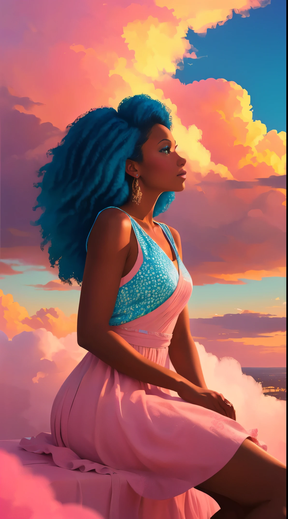 (best quality:1.1),original,1girl,chic,trendy,afro,dark skin,makeup,1970's, blue hair, brown eyes An illustration of african american woman with natural hair, in the style of ross tran, a pink dress with a cute cloud print and cute pink boots, a gorgeous woman with extremely long hair in a ponytail with bangs, (((sitting on a soft fluffy pink cloud))), looking at a distant magical city far beneath her, at sunset --ar 2:3 --v 6.0 pink and orange, jessica drossin, bold block prints, michael malm, bold yet graceful, bold traditional