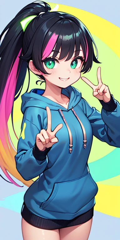 (black hair,colorful fluorescence multicolored hair:1.5,ponytail:1.5), (masterpiece, sidelights, exquisite beautiful eyes: 1.5), masterpiece*portrait, realistic, ((Colorful background of different colors:1.5)),(Gentle face:1.5),colorful,3D face,(cute face),front view: 1.6、(Inward double V sign:1.5)、 (glowing green eyes:1.2),(tareme:1.5)、(cute smile:1.5),,Slim Body, shiny hair, shiny skin: 1.5、medium breasts,、solo,(stand)、(hoodie:1.5)、(charactor focus:1.5、portlate、eye focus,cowboy shot)、bright atmosphere,intricatedetails