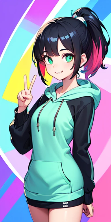 (black hair,colorful fluorescence multicolored  hair:1.5,ponytail:1.5), (masterpiece, sidelights, exquisite beautiful eyes: 1.5), masterpiece*portrait, realistic, ((Colorful background of different colors:1.5)),(Gentle face:1.5),colorful,3D face,(cute face),front view: 1.6、(Inward double V sign:1.5)、 (glowing green eyes:1.2),(tareme:1.5)、(cute smile:1.5),,Slim Body, shiny hair, shiny skin: 1.5、medium breasts,、solo,(stand)、(hoodie:1.5)、(charactor focus:1.5、portlate、eye focus,cowboy shot)、bright atmosphere,intricatedetails