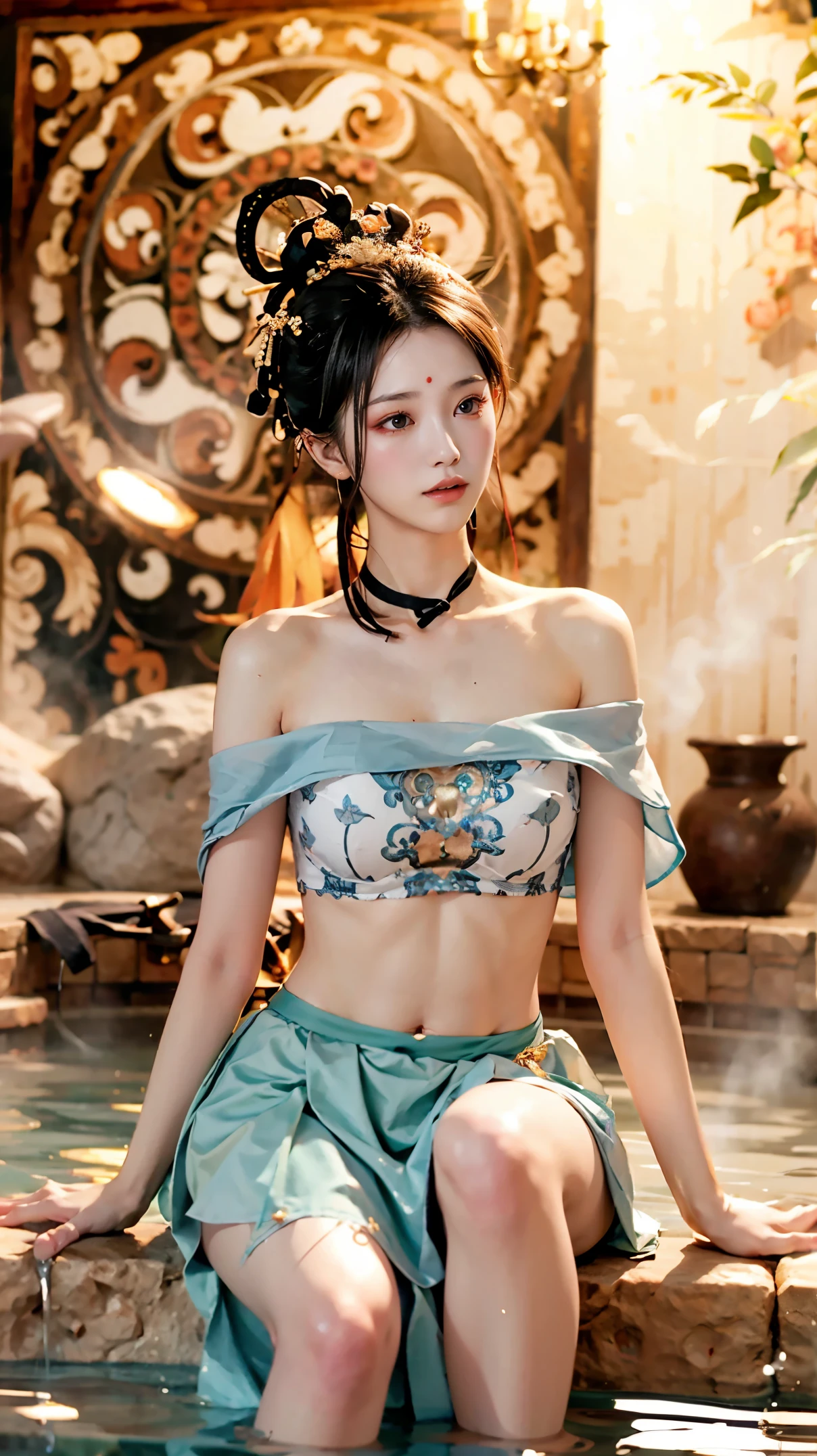 8k,best quality,Work,Very detailed,ultra high definition,feels,beautiful wallpaper,best masterpiece,Tyndall effect,Reality,Highest rendering,extremely beautiful face,ultra high definition晰度,exquisite facial expressions,Detailed description of face,Delicate hair features,look up,hair past shoulders,best quality,extremely high resolution。The heroine is sitting on her knees in the antique hot spring pool,take off shoulders,clavicle,White bellyband,belly button,mini skirt,Slender jade legs,grapefruit model: Character 2, CFG scale: 7, Hire high-end talents: 1.5