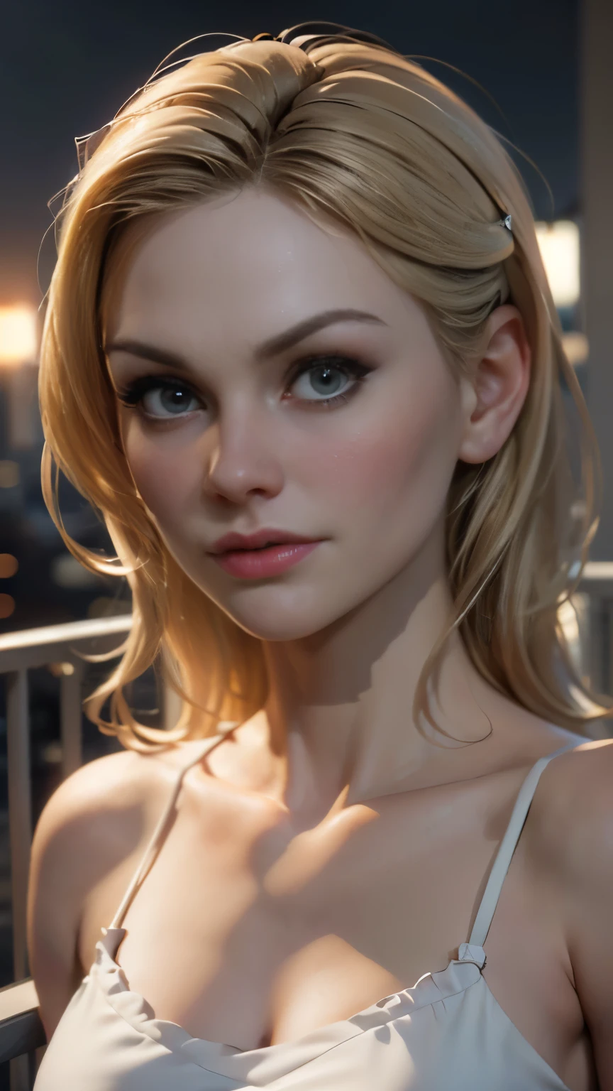 photo of Anna Paquin, RAW, beautiful woman, ((portrait)), ((detailed face:1.2)), ((detailed facial feature, detailed skin, clear skin), (perfect proportioned body), (wearing a slip dress) (high detailed city environment, apartment balcony), (realistic photo, best quality, detailed), (8k wallpaper), (cinematic lighting, dramatic lighting) (sharp focus, intricate)