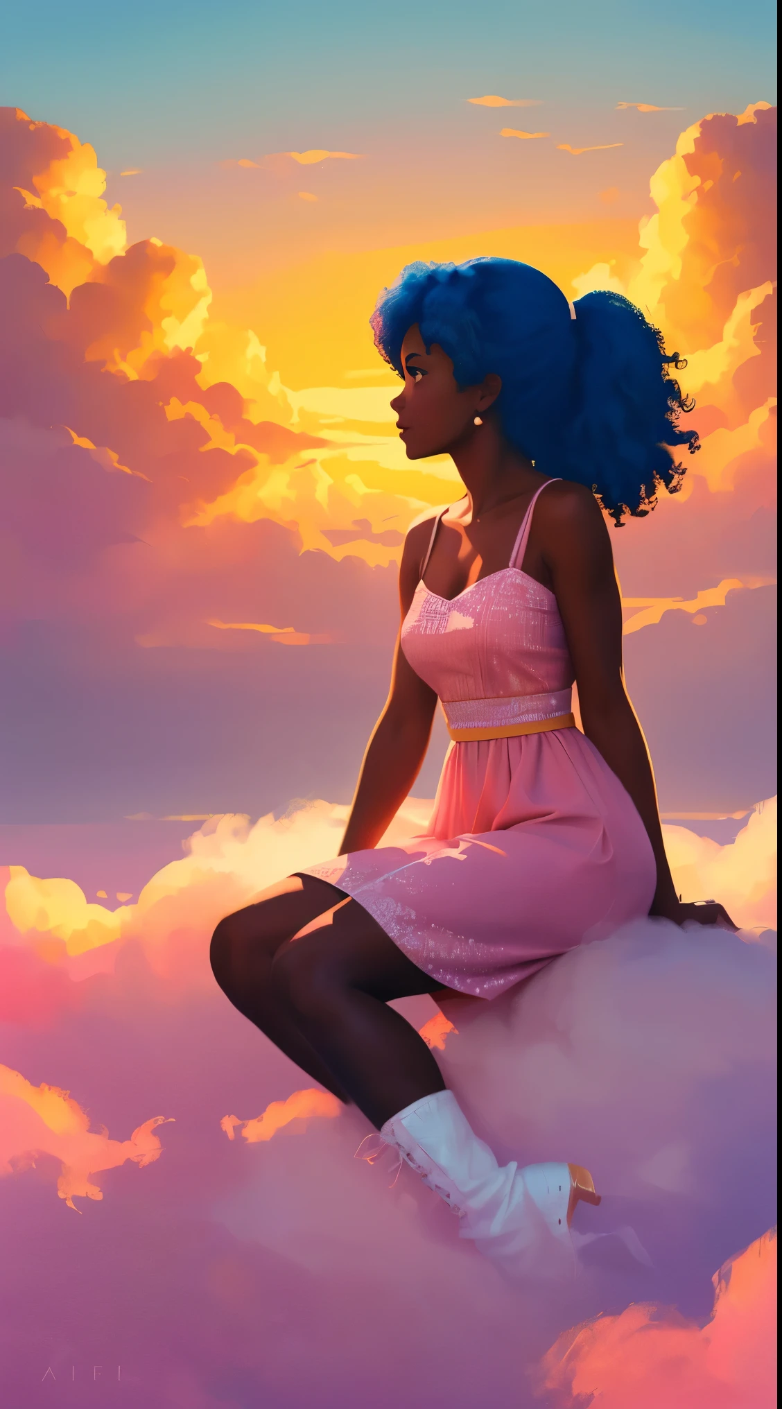 (best quality:1.1),original,1girl,chic,trendy,afro,dark skin,makeup,1970's, blue hair, brown eyes An illustration of african american woman with natural hair, in the style of ross tran, a pink dress with a cute cloud print and cute pink boots, a gorgeous woman with extremely long hair in a ponytail with bangs, (((sitting on a soft fluffy pink cloud))), looking at a distant magical city far beneath her, at sunset --ar 2:3 --v 6.0 pink and orange, jessica drossin, bold block prints, michael malm, bold yet graceful, bold traditional