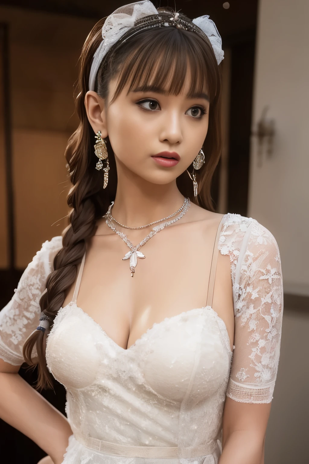 1 girl, jewelry,woman,small breasts, ((Organza Lace Dress)),earrings, (cleavage:0.4), looking at the viewer, necklace, realistic, alone, twin tails,twin tails, lips, blurry background, long hair, smile, blurry, bangs , No sleeve, sexy,woman,3D,Seaperly,realistic,ribbon,
(Pueros face_v1:0.2), 