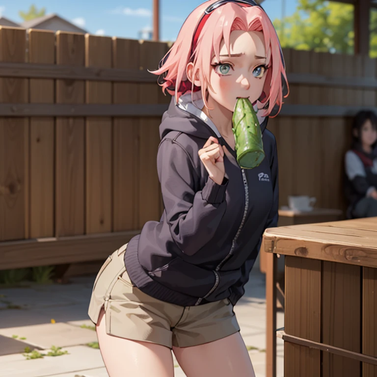 Sakura with her mouth open looks at the cock in her hands. her cheeks are red