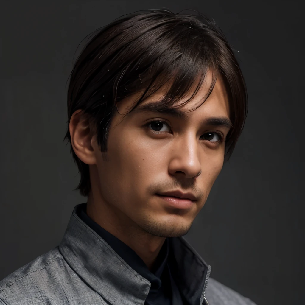 (the Extremely Detailed CG Unity 8K Wallpapers,masutepiece, Best Quality, Ultra-detailed), Gray background, 35-year-old male living in Asia, 35 year old male company employee, smart short hairstyle, A brown-haired, narrow facial contours, tthin eyebrows, Sharp eyes, high and thin nose, thin lipss, Physical slim, office shirt ,jean pan, Strong impression